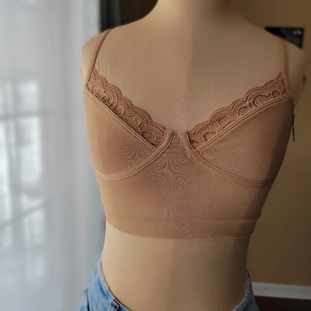 NWT Bralette Aerie Superchill Seamless Lace Trim Corset Top Nude‎ Tan Size XS